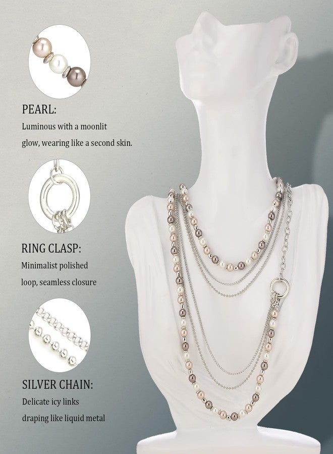 BULINLIN Silver Long Pearl Necklaces for Women Pearl Beaded Link Chain Necklace Mom Gifts Elegant Costume Jewelry for Women(Champagne) - Image 5